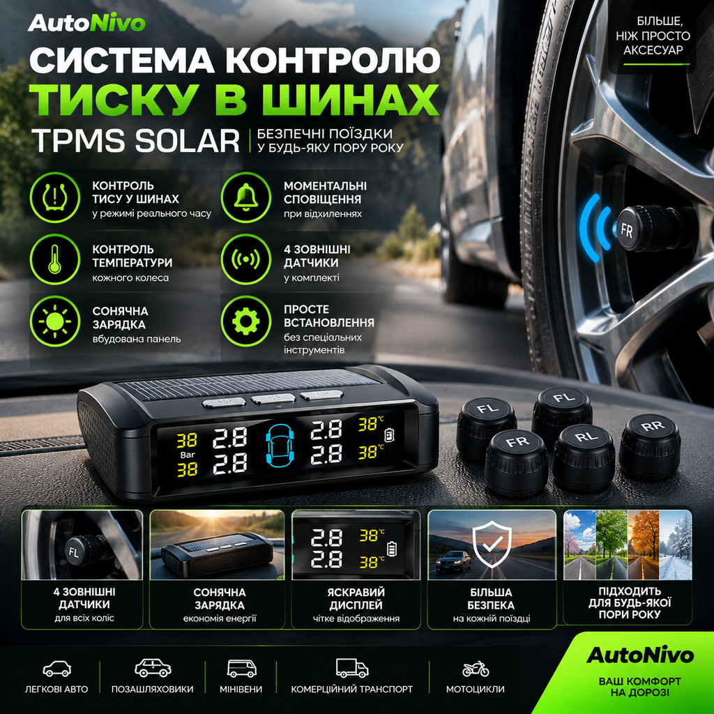 Система контролю тиску в шинах TPMS SOLAR + 4 зовнішні датчики  TPMS SOLAR
