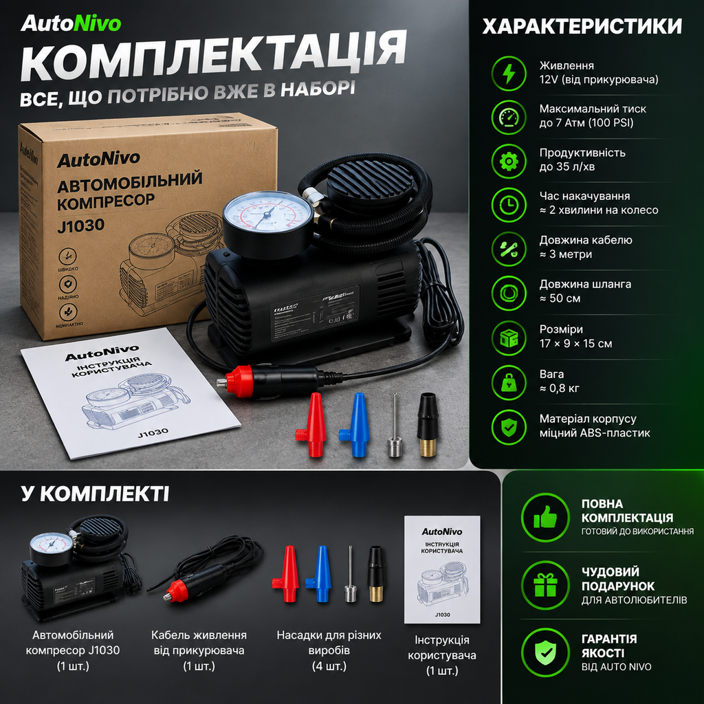 Автомобільний компресор Air Pump J1030 — швидке накачування шин за 2 хвилини